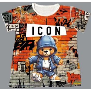 Stoer t shirt voor jongens van Icon met beren erop. Rugzijde is wit. Materiaal: 50% polyester/50% viscose Maat 128