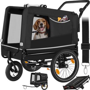 tectake® Fietskar voor honden, 3-in-1, opvouwbaar, met reflectoren, vlag, Hondenkar, ook als kinderwagen voor honden, middelgrote huisdieren, maximale belasting 40 kg - Zwart