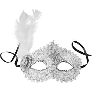 dressforfun - Venetiaans masker met zijdelingse veer zilver - verkleedkleding kostuum halloween verkleden feestkleding carnavalskleding carnaval feestkledij partykleding - 303548