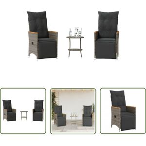 The Living Store 3-delige Bistroset met kussens poly rattan grijs - Tuinstoel - Bistroset - Lounge Set - Buitentijd - Terrasdecoratie