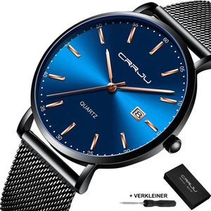 CRRJU - Horloge Heren Dames Unisex - Cadeau voor Vrouw en Man - 41 mm - Zwart Blauw