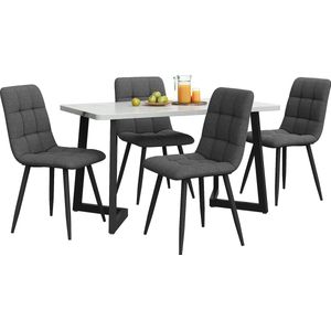 Merax 117cm Eettafel met 4 Stoelen Set - Rechteckige Moderne Keuken Eettafel - Donkergrijze Linnen Eetstoelen - Zwarte Tafelpoten