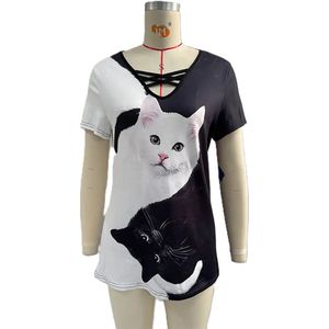T-shirt - korte mouwen - oversized t- shirt - V-hals - katten print - poezen - poes - kat - maat S