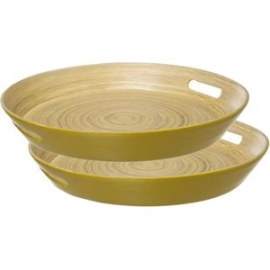 5Five Dienblad/serveerblad rond - 2x stuks - D42 cm - bamboe hout - okergeel - met handvaten - Dienbladen