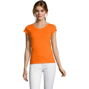 Set van 2x stuks dames t-shirt V-hals oranje 100% katoen slimfit - Dameskleding shirts, maat: 40 (L)