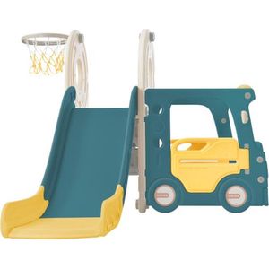 Kinderglijbaan. 4-in-1 kinderglijbaanset met bus, glijbaan, activiteitenladder, basketbalring en bijpassende basketbal. Gemaakt van polyethyleen met hoge dichtheid. Bijzonderheid