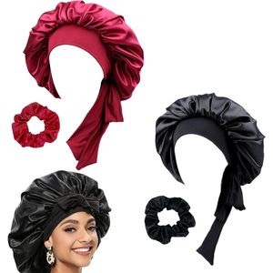 Allecto plus - Zijden slaapmutsen 2 stuks voor lang krullend haar - zwart en ... met verstelbare band