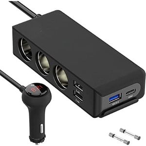 Sigarettenaansteker Splitter - Autolader Splitte - 12v Splitter - Sigarettenaansteker Verdeler - Aansteker Splitter - 12V/24V 3-aansluitingen DC-autoadapter met Quick Charge 3.0 en 18W USB C-uitgang - zwart