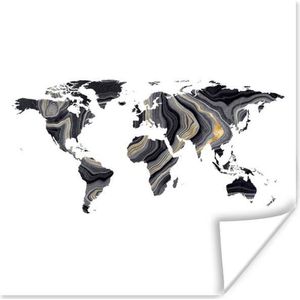 Poster Wereldkaart - Goud - Zwart Wit - 30x30 cm