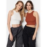Trendyol Zimt-EKRU 2 Pack wisser Super Crop gebreid Athlet T-shirt, Cinnamon-Ecru, extra klein