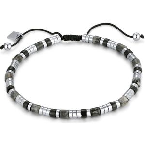 Twice As Nice Armband in edelstaal, ringetjes, grijze zwarte natuursteentjes, touw 21 cm