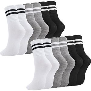 6 paar sokken voor heren en dames - sportsokken - tennissokken - gestreepte katoenen sportsokken voor dames en heren, zwart, grijs, wit