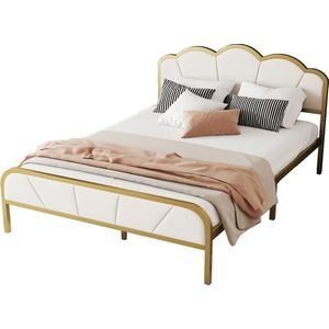 Merax Tweepersoonsbed 140x200cm - Kinderbed met Wolkvormig Hoofdeinde - Bed in Minimalistisch Design - Wit met Goud