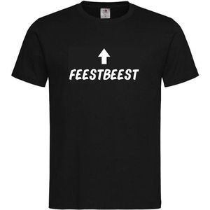T-shirt Unisex Volwassenen Grappig Tekst ""Feestbeest ↑"" Op Voorkant | korte mouw | Zwart/wit | maat XL
