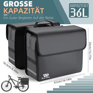 Fietstas voor bagagedrager - waterdicht, bagagedragertas - dubbele tas, zadeltassen voor fiets -36 liter (zwart)