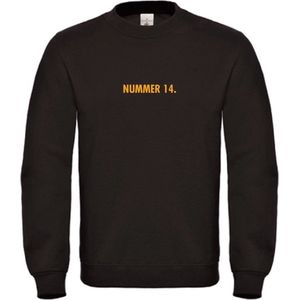 Sweater Zwart M - nummer 14 - okergeel - soBAD. | Sweater unisex | Sweater man | Sweater dames | Voetbalheld | Voetbal | Legende
