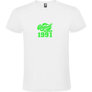 Wit T-Shirt met “Original Sinds 1991 “ Afbeelding Neon Groen Size XS