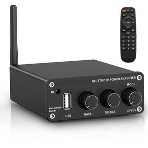 Mini Versterker - Versterker HiFi - voor Passieve Luidsprekers - met Treble - Bass Controle - Bluetooth 5.0 - AUX - U-Schijf - 200W - 92dB - 11.99 x 8.99 x 3 cm - Zwart