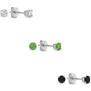 Silventi 9SIL-SET0027 Zilveren Zirkonia Oorknoppen Set 3mm Wit Groen Zwart Earparty - Rhodium - Zilver