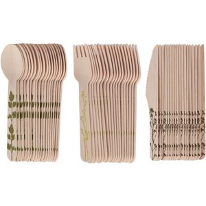 Esschert Design bestek set - hout - 240x - mes/lepel/vork - kruidenopdruk - BBQ/verjaardag/camping