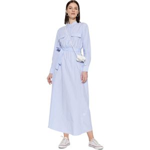 Trendyol Blauw Gestreepte, Geweven Jurk Met Zak En Riem Tctss23Eb00065