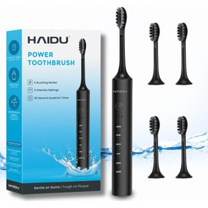 HAIDU Elektrische Tandenborstel – 4 Opzetborstels – 6 Standen 3 Intensiteitsniveau – Zwart