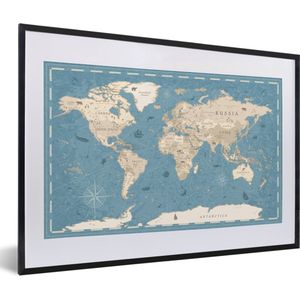 Fotolijst incl. Poster - Wereldkaart - Vintage - Blauw - 60x40 cm - Posterlijst