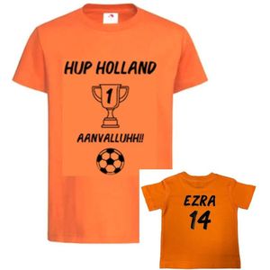 T-shirt Kinderen ""Hup Holland AANVALLUH!!"" Met Naam & Rugnummer EK Voetbal Europees Kampioen Kampioenschap Oranje | korte mouw | Oranje/zwart | maat 86/92