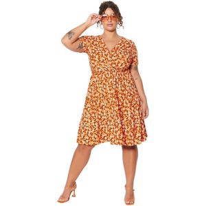 Trendyol Oranje Skater V-Hals Bloemenpatroon Gebreide Plus Size Jurk Tbbss22El1638