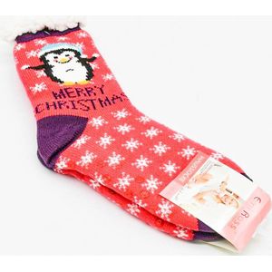 Merino Wollen Kerstsokken  - Donkerroze met Pinguïn- maat 35-38 - Kerstsokken - Huissokken - Antislip sokken - Warme sokken – Winter sokken