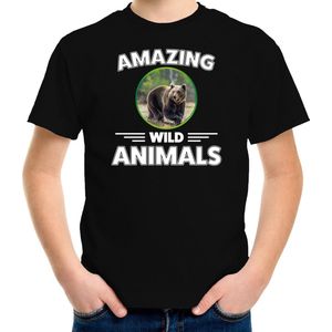 T-shirt beer - zwart - kinderen - amazing wild animals - cadeau shirt beer / beren liefhebber 158/164