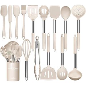 RVS Kookgerei Set - Hittebestendig - Non-Stick - Turner Spatel - Lepel - Tang Khaki