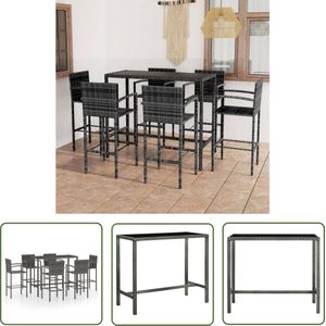 The Living Store Barset - 130 x 60 x 110 cm - Grijs/Zwart PE-rattan PE-rattan - gepoedercoat staal - gehard glas 6 krukken The Living Store