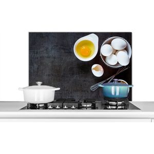 Spatscherm keuken 90x60 cm - Kookplaat achterwand Eieren - Bruine suiker - Koken - Muurbeschermer - Spatwand fornuis - Hoogwaardig aluminium