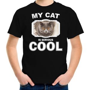 Britse korthaar katten t-shirt my cat is serious cool zwart - kinderen - katten / poezen liefhebber cadeau shirt - kinderkleding / kleding 134/140