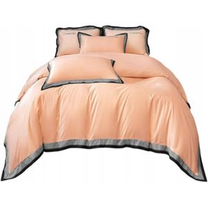 Luxe microvezel dekbedovertrekset 160x200 cm met ruches, zalmroze ruit