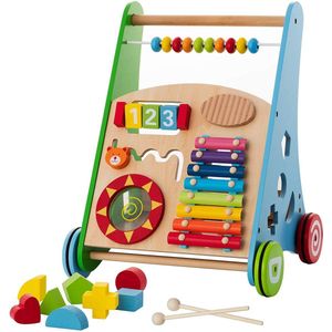 Loopwagen Hout voor Baby +/- 1 jaar | Babywalker | Educatieve looptrainer | Anti-Slip wieltjes | 38 x 32 x 46cm| Multicolor