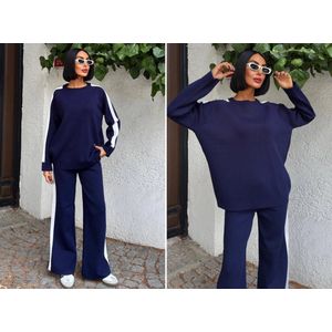 Sobe- Comfortabele Gebreide Set Met Gestreepte Randen- Trainingspak - Loungewear- Marineblauw Eén Maat