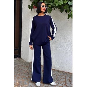 Sobe- Comfortabele Gebreide Set Met Gestreepte Randen- Trainingspak - Loungewear- Marineblauw Eén Maat