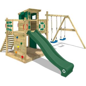 WICKEY speeltoestel klimtoestel Smart Camp met schommel & groene glijbaan, outdoor klimtoren voor kinderen met zandbak, ladder & speelaccessoires voor de tuin