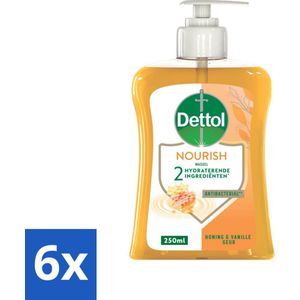 6 x Dettol - Handzeep - Nourish - Honing & Vanille - 250 ml - Antibacteriële Handzeep - Handzeep Met Honing - Handzeep Met Vanille - Verzorgende Handzeep - Manuka Honing