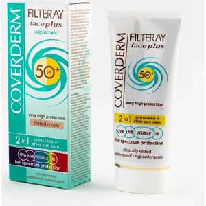 Coverderm Filteray Gezicht Plus Vettig Acneïsch SPF 50+ Getint / Getinte 2 in 1 Zonnecrème voor het gezicht Zachtbruin SPF 50+