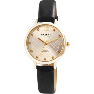 Akzent-Dames horloge-Analoog-Rond-36MM-Goudkleurig-Bruin lederen band.