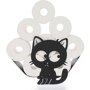 Toiletpapierhouder Zwart Metaal - Staande Toiletrolhouder - Wandgemonteerde Toiletpapierhouder zonder Boren - Badkamer Decoratie met Katpatroon - Praktische Toiletrolhouder voor Keuken en Badkamer