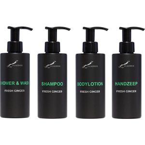 Compleet pakket Fresh Ginger - Shower & Wash + Shampoo + Bodylotion + Handzeep - 300 ml per fles - complete set van 4 stuks - bodycare - luxe fles - Cadeau