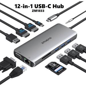 USB C Dual Monitor Docking Stations, USB-C Adapter - 12-in-1 Triple 4K Display Docking Station voor Windows PC Laptops (2HDMI/VGA/Ethernet/PD 100W/5 USB Poorten/Audio)…