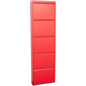 Pisa schoenenkast rood metaal met 5 vakken.