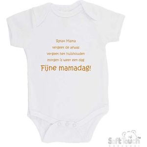 100% katoenen Romper ""Relax Mama Vergeet de afwas Vergeet het huishouden Morgen is weer een dag FIJNE MAMADAG!"" Moederdag Unisex Katoen Wit/tan Maat 62/68