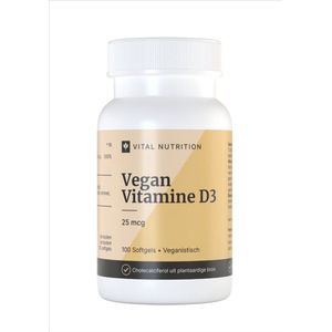 Vegan Vitamine D3 - 25 mcg - Vital Nutrition - Plantaardige en duurzame bron - Onafhankelijk getest- 100 softgels