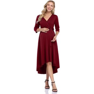 Vrouwen zwangerschapsjurk Feestelijke voedingsjurk V-hals 3/4 mouw zwangerschapsjurk met tailleband Wijnrood XL